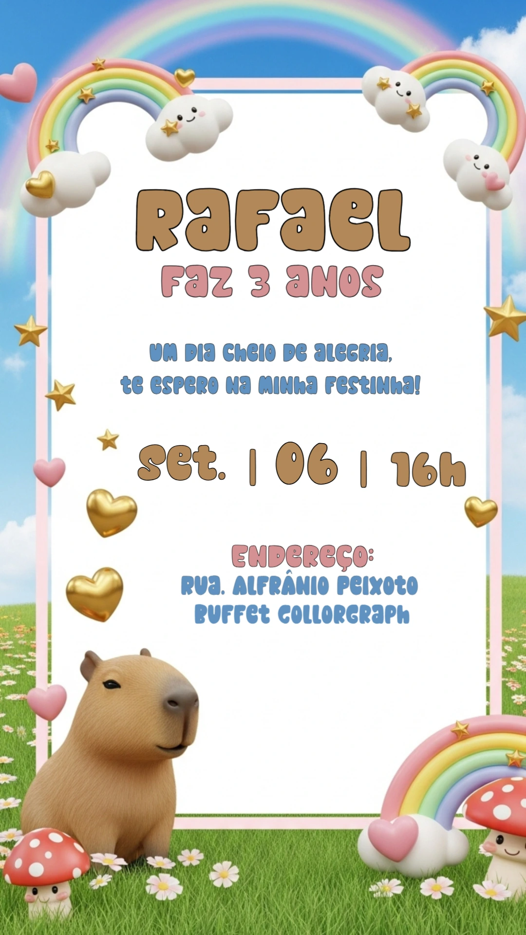 Convite de Aniversário Capivara e Arco-Íris para Editar Online