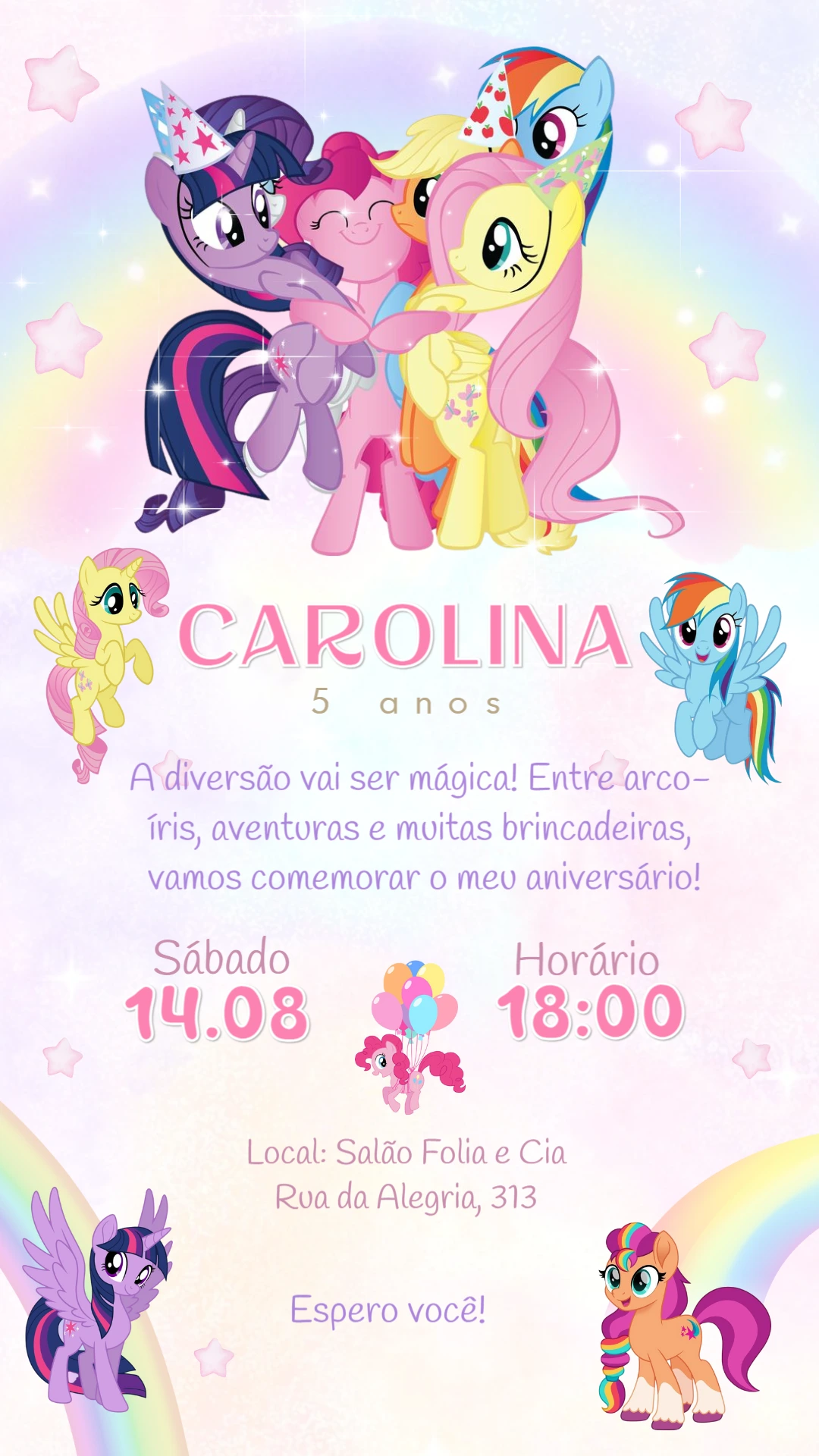 Convite de Aniversário My Little Pony com Personagens para Editar