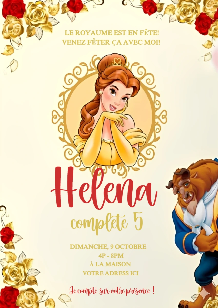 Invitation Anniversaire La Belle et la Bête Modèle Éditable