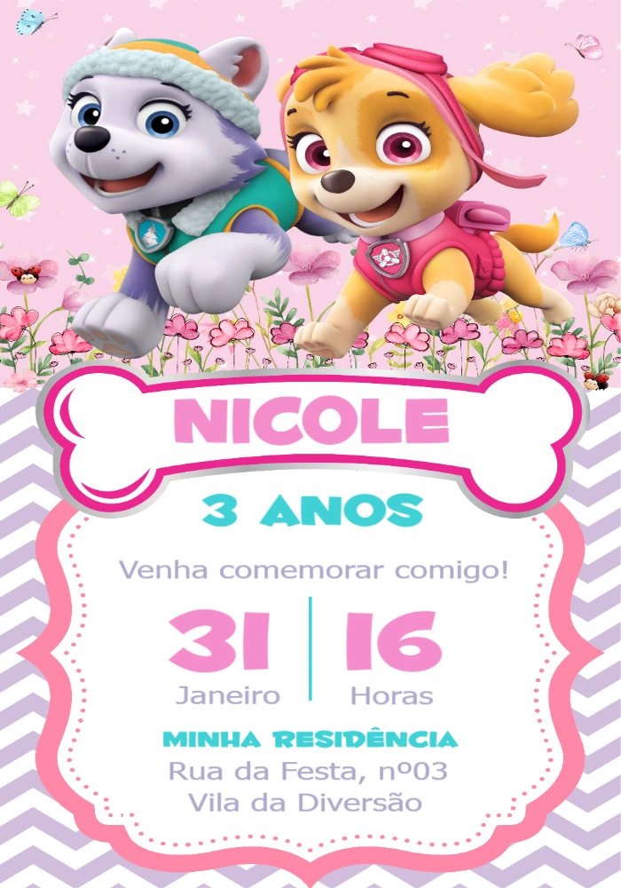 Convite Digital Patrulha Canina Menina Skye e Everest Editável