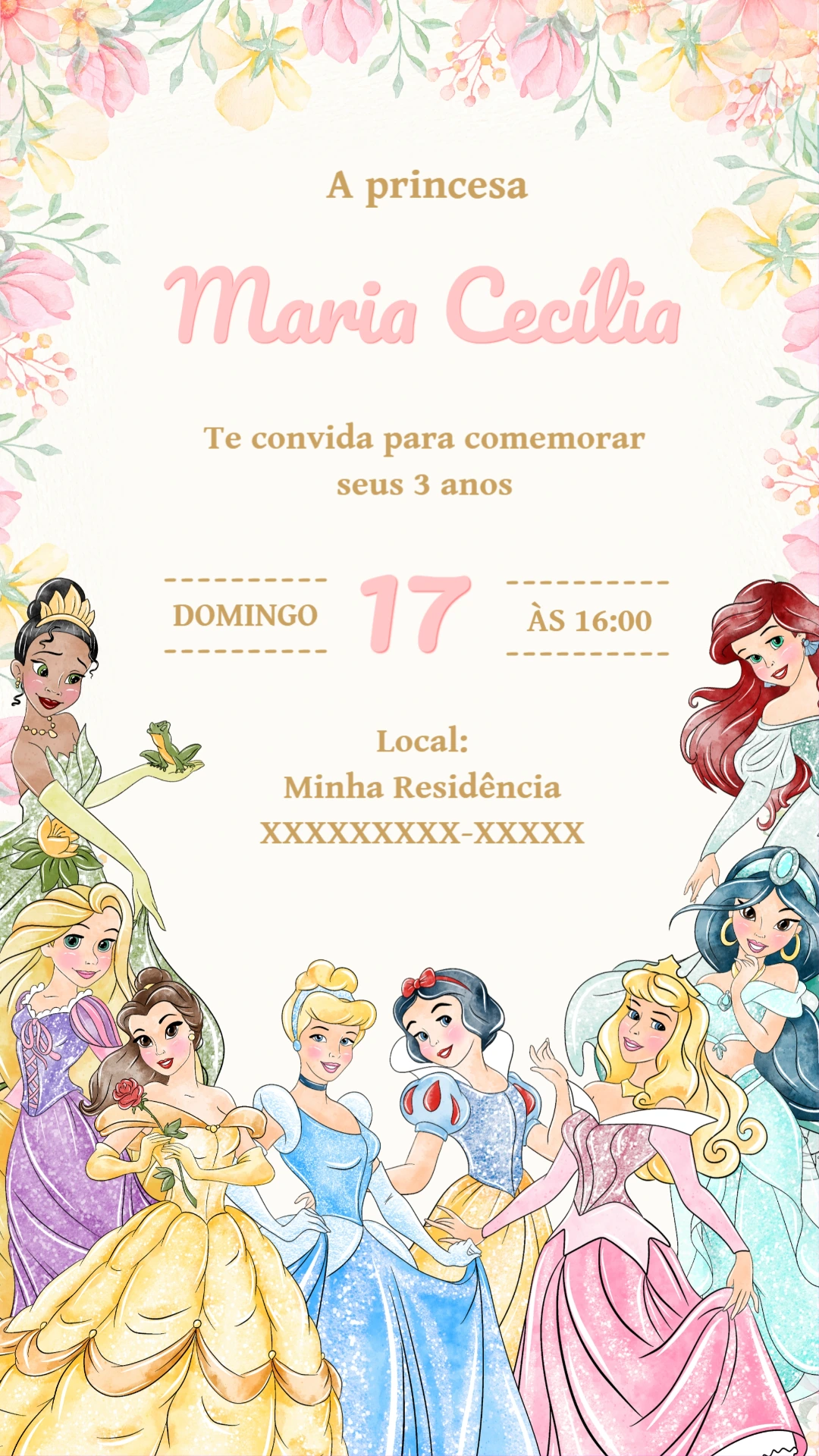 Convite de Aniversário Princesas Disney para Editar Online