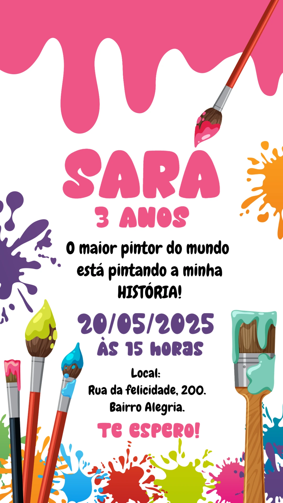 Convite Aniversário Tema Pintura Rosa para Editar e Imprimir