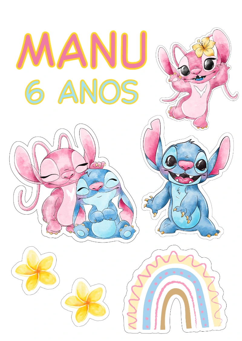 Topo de Bolo Aniversário Stitch e Angel para Editar e Imprimir
