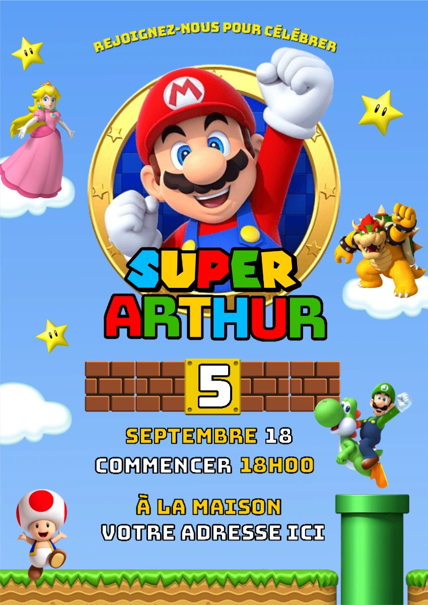 Invitation Anniversaire Super Mario à Personnaliser en Ligne