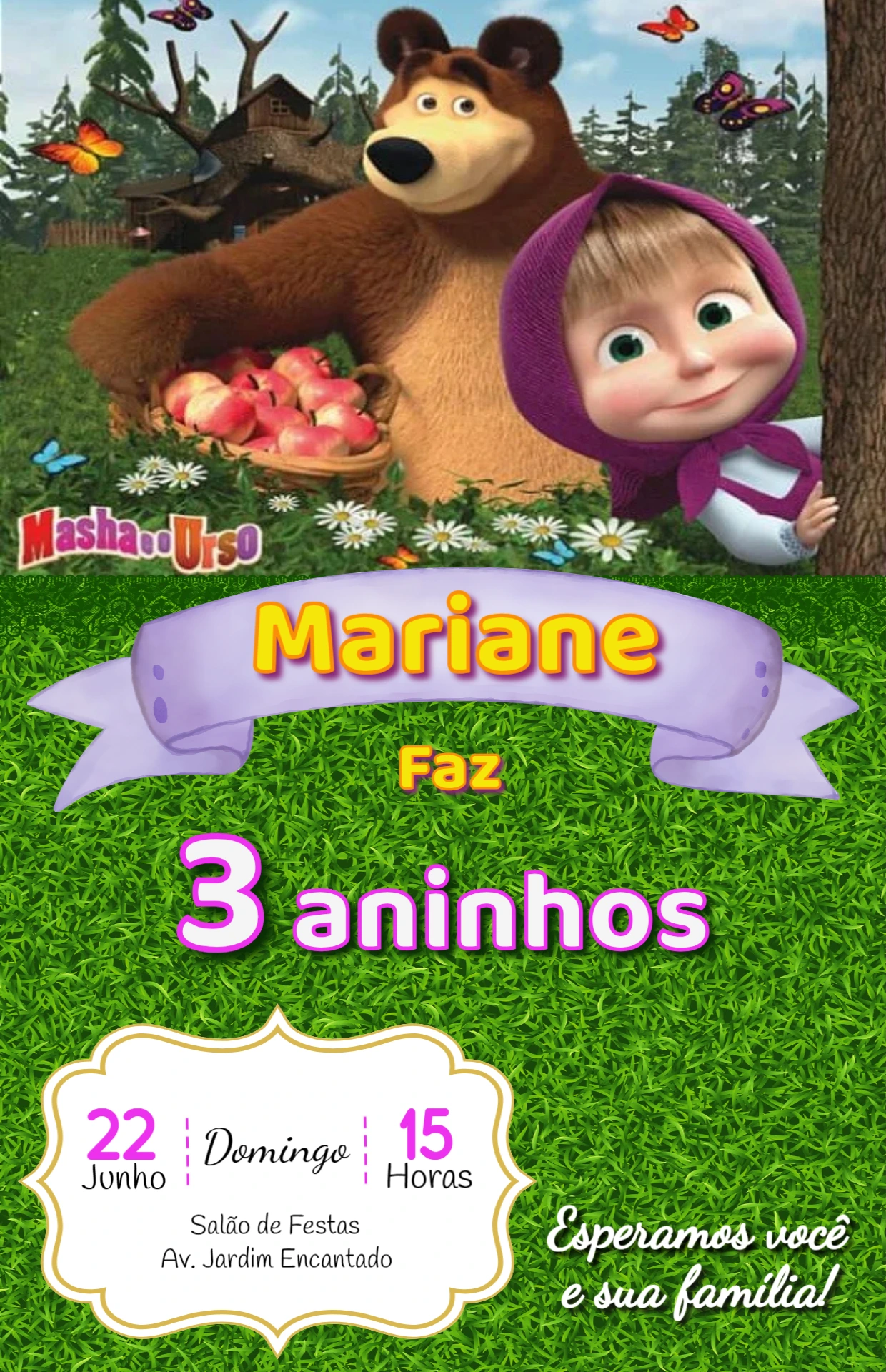 Convite de Aniversário Masha e o Urso para Editar Online