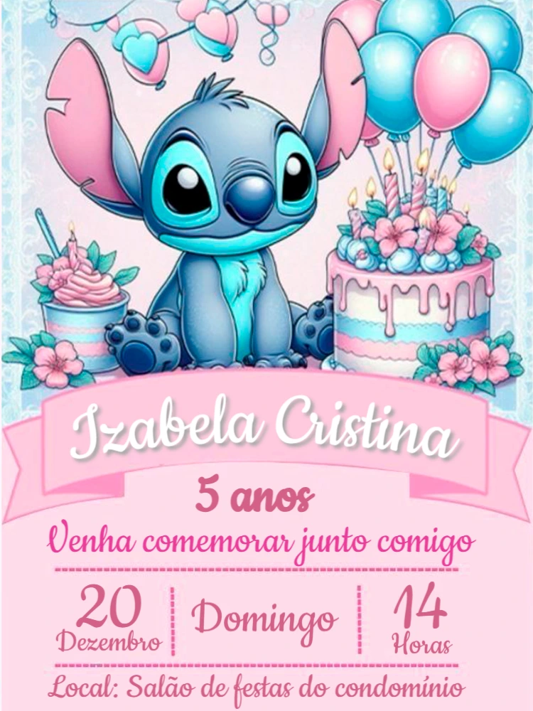 Convite de Aniversário Stitch Rosa e Azul para Editar Online