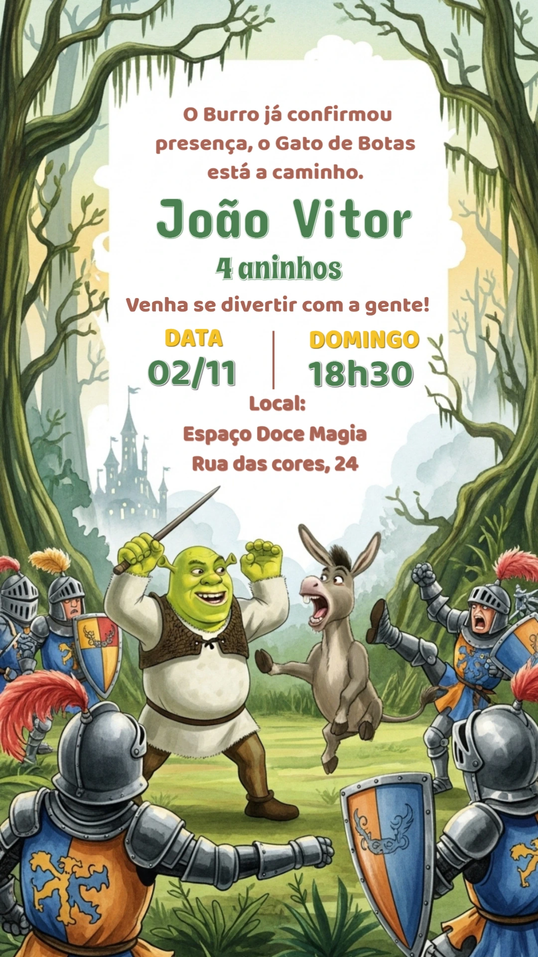 Convite de Aniversário Shrek com Personagens para Editar