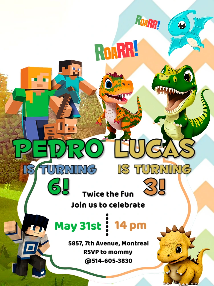 Convite Aniversário Duplo Minecraft e Dinossauros para Editar