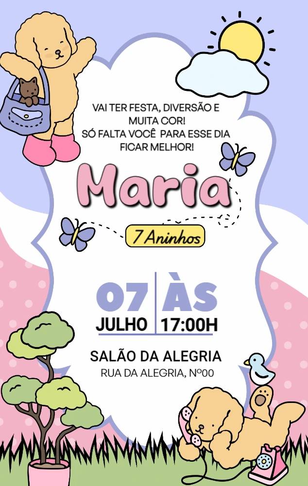 Convite de Aniversário Cachorrinhos Fofos para Editar Online
