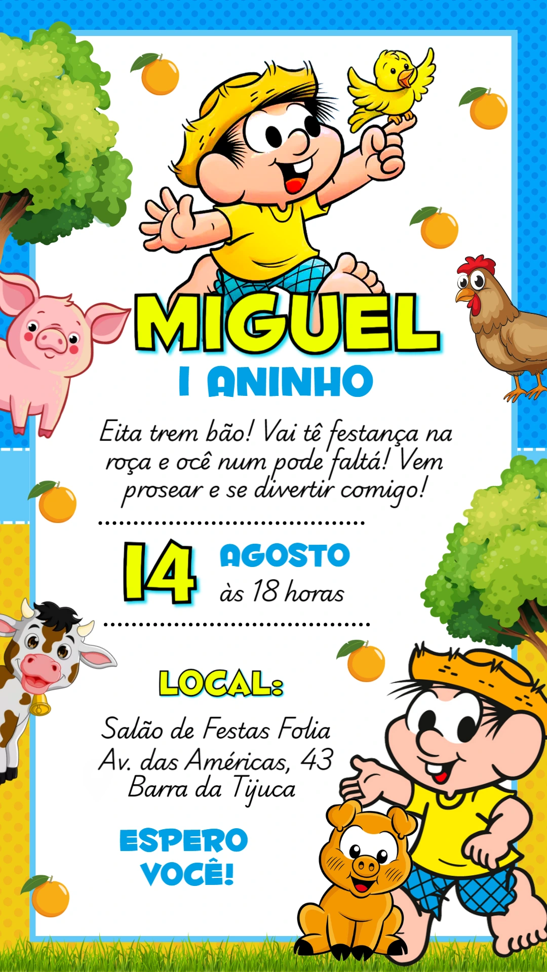 Convite Aniversário Chico Bento Festa na Roça para Editar Online