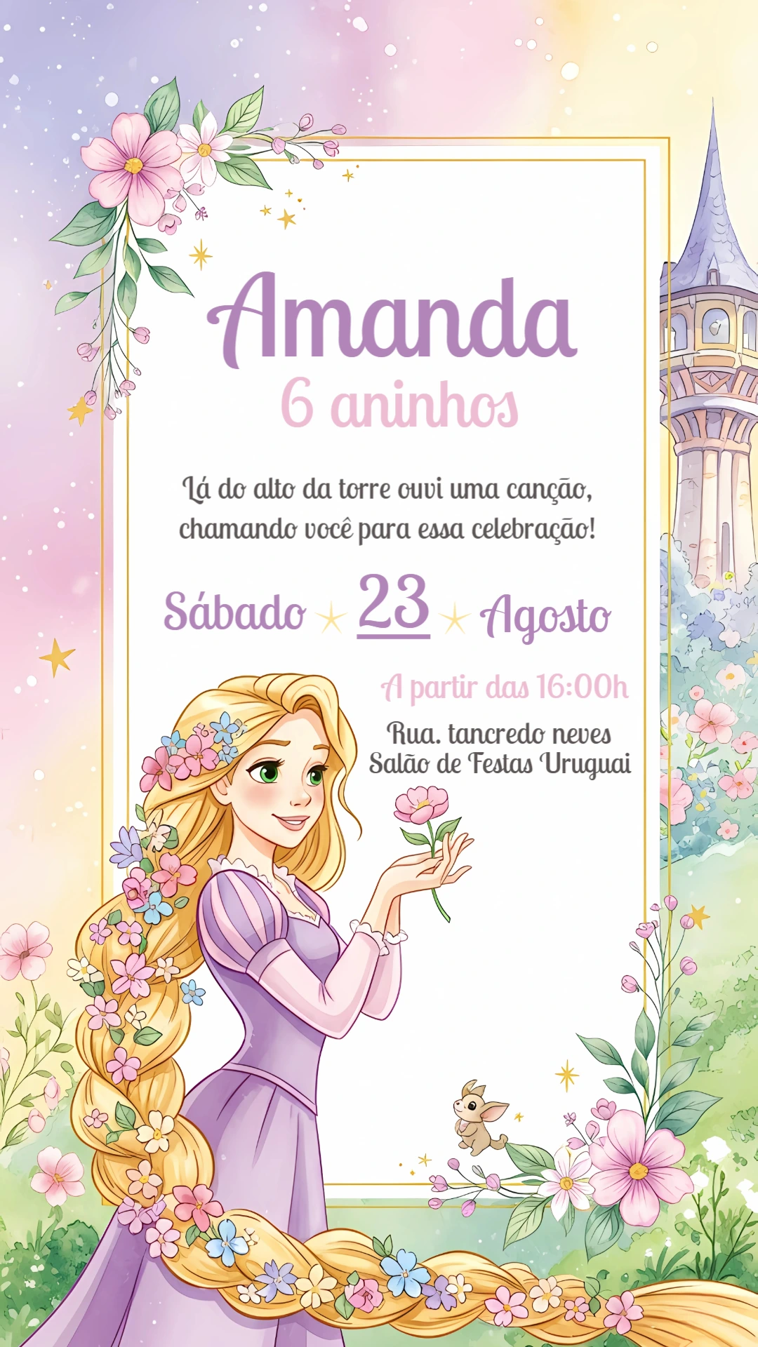 Convite de Aniversário Enrolados com Rapunzel para Editar