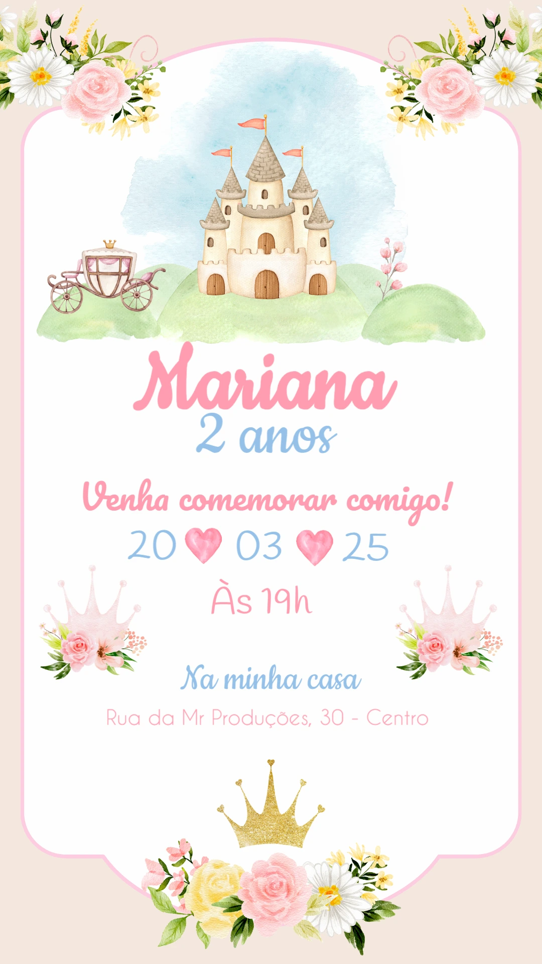 Convite Aniversário Princesa com Castelo para Editar Online