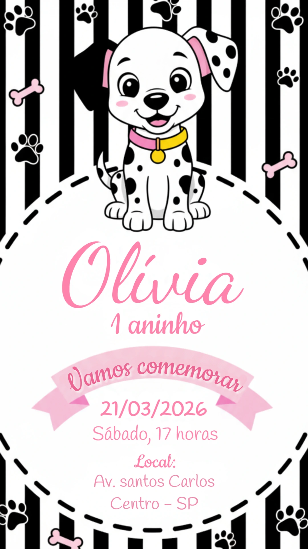 Convite de Aniversário Dálmata Preto e Rosa para Editar
