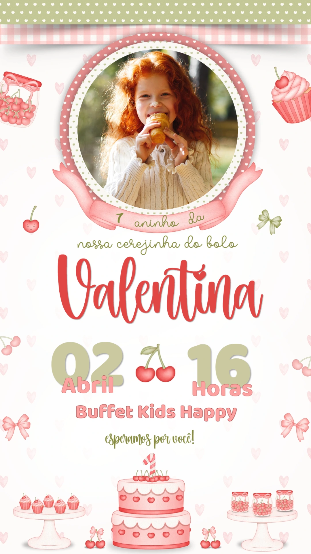 Convite Aniversário Cerejinha Aquarela com Foto para Editar