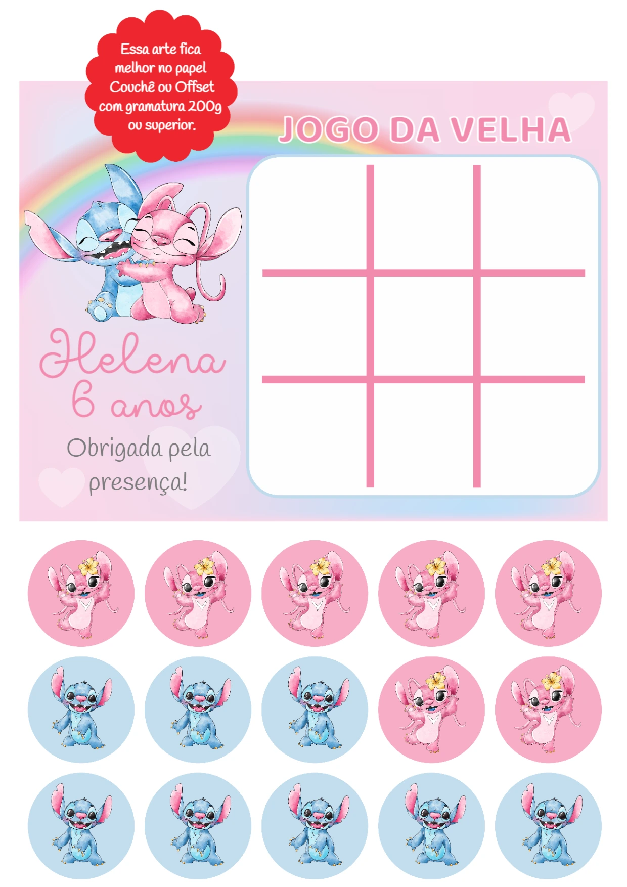 Jogo da Velha Stitch e Angel para Aniversário para Editar