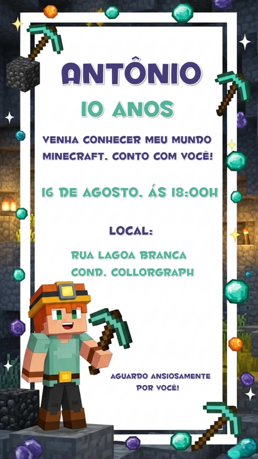 Convite de Aniversário Minecraft com Personagens para Editar