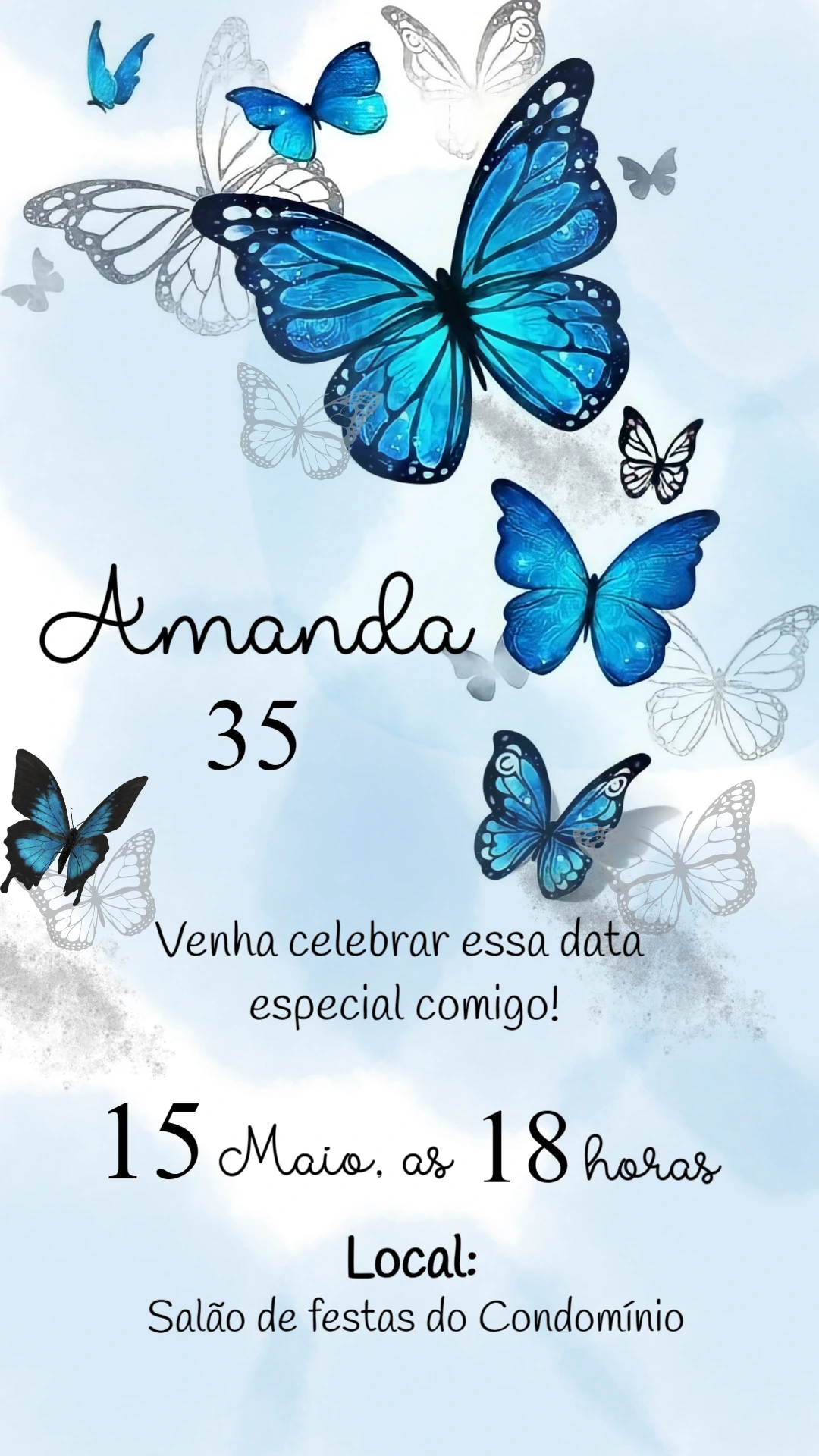 Convite de Aniversário Borboleta Azul para Editar Online