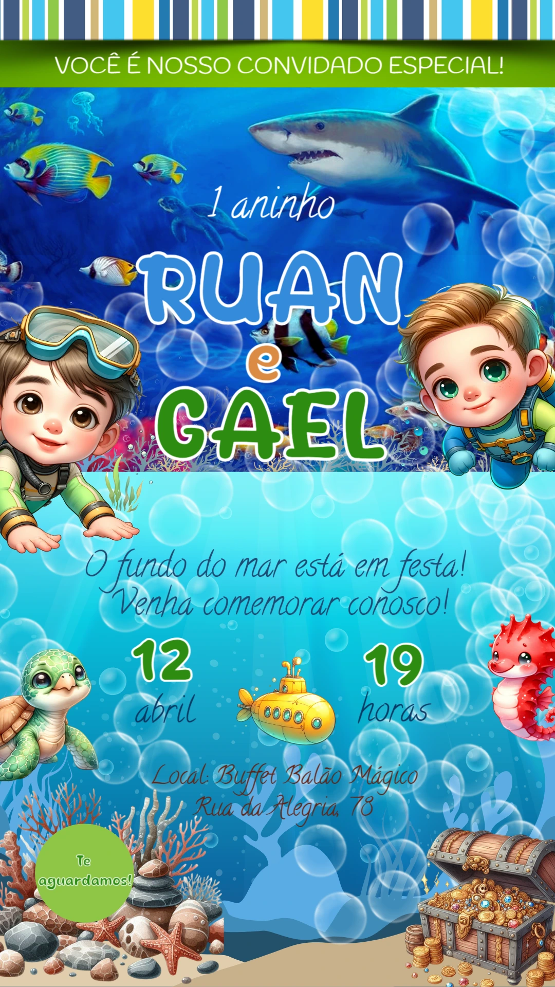 Convite Aniversário Duplo Fundo do Mar para Editar Online