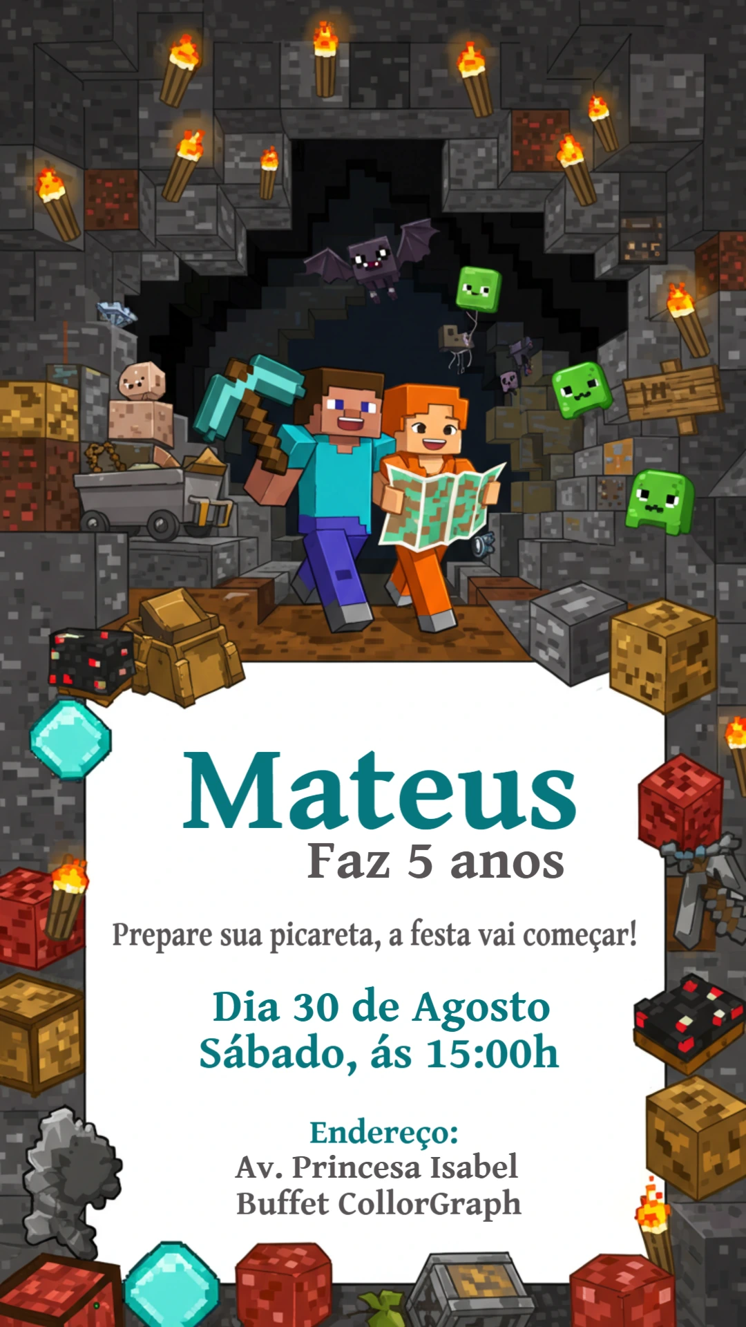 Convite de Aniversário Minecraft com Personagens para Editar Online