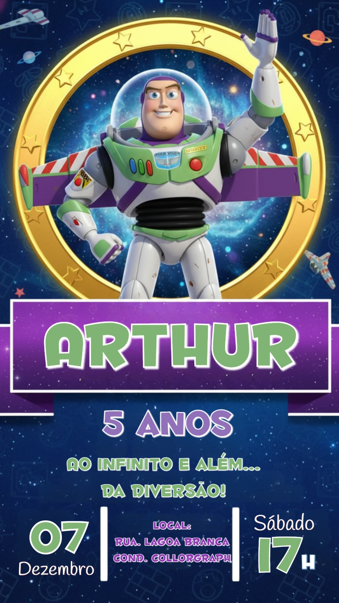 Convite Digital Aniversário Buzz Lightyear no Espaço para Editar