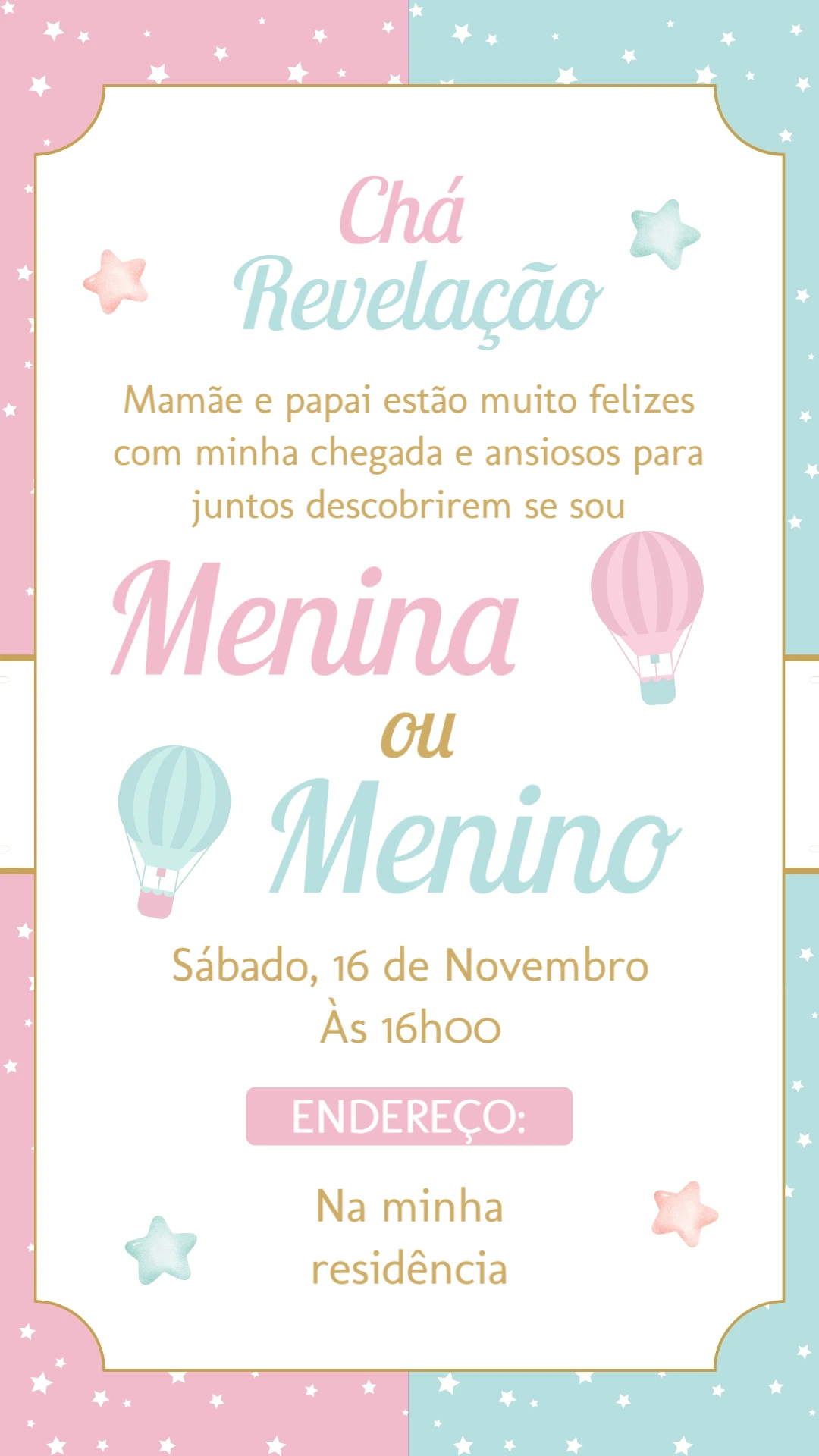 Convite Chá Revelação Balões Rosa e Azul para Editar Online