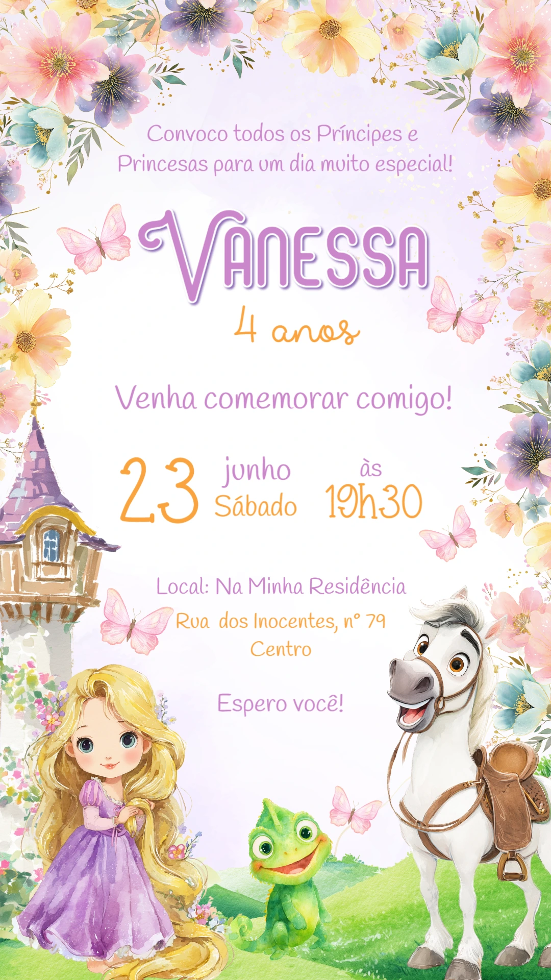 Convite de Aniversário Rapunzel Floral para Editar Online
