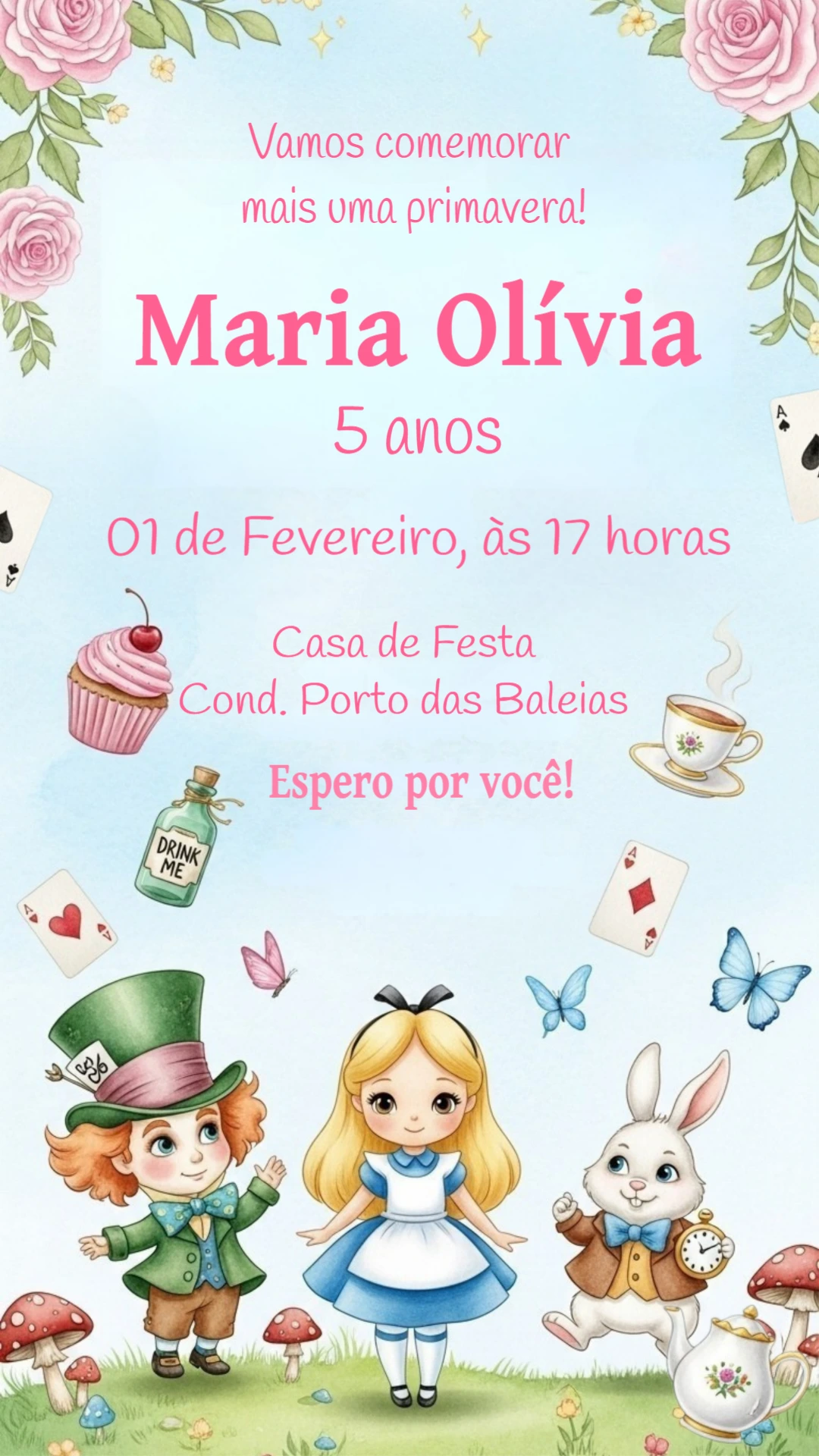 Convite Aniversário Alice no País das Maravilhas para Editar