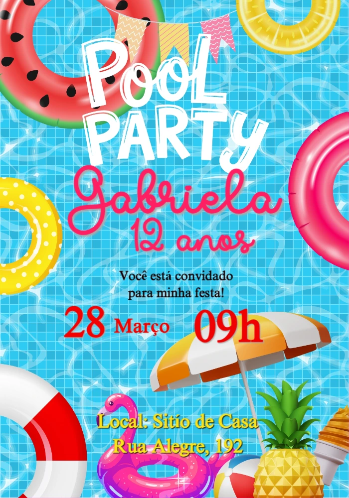 Convite de Aniversário Pool Party com Tema Piscina para Editar