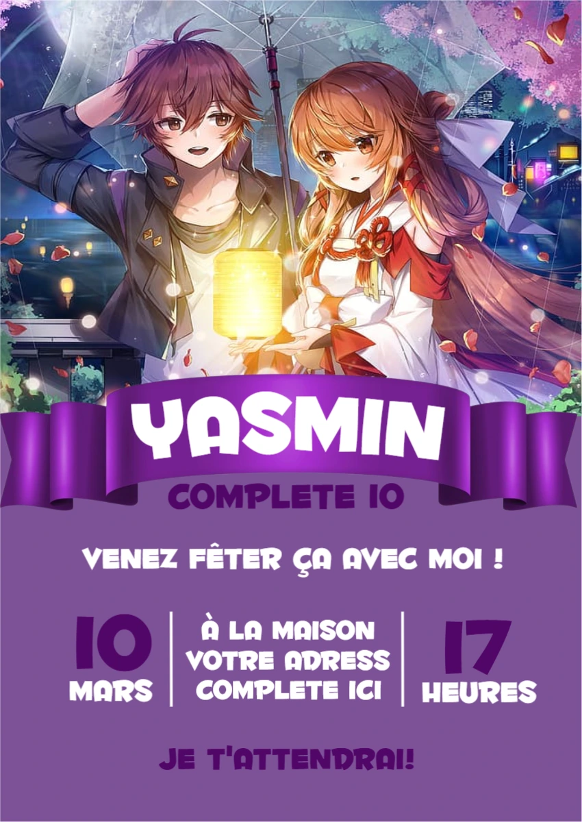 Invitation Anniversaire Style Anime Japonais à Modifier