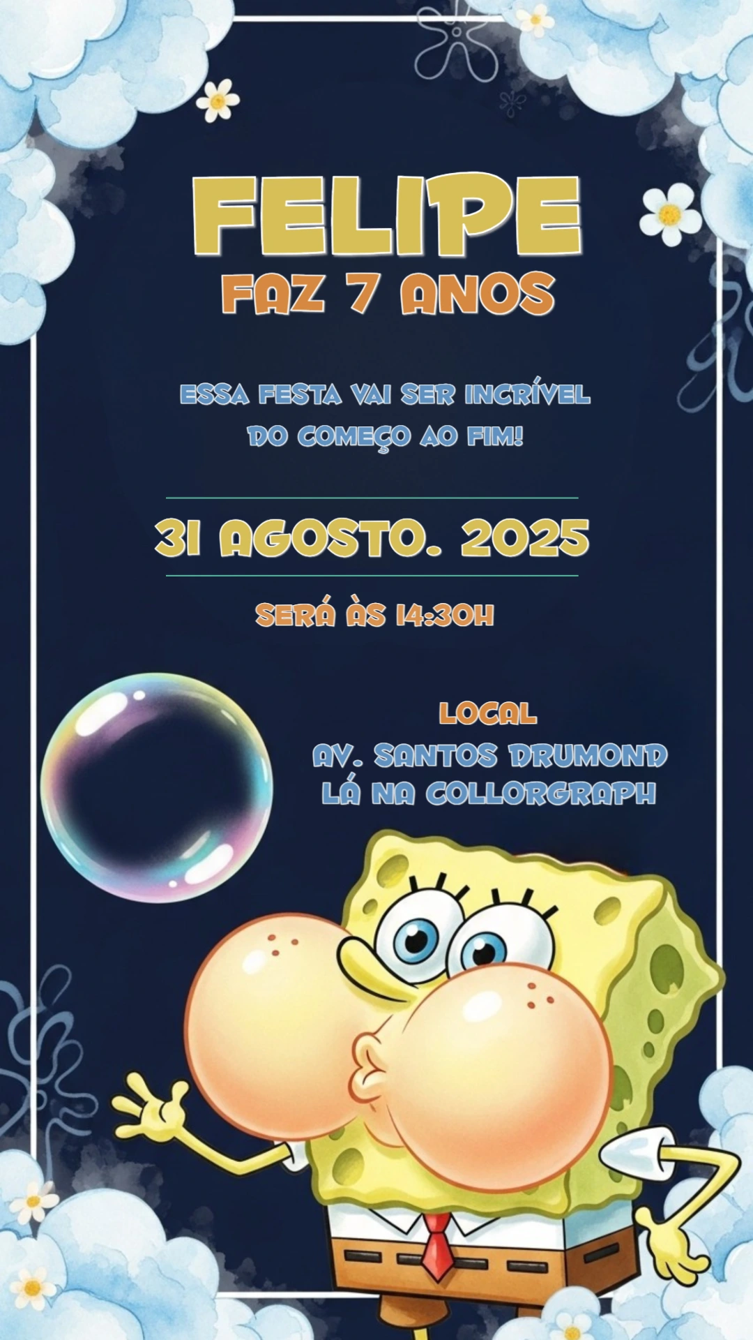 Convite de Aniversário Bob Esponja para Editar Online