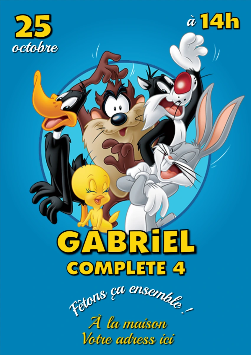 Invitation Anniversaire Looney Tunes | Modèle coloré à modifier