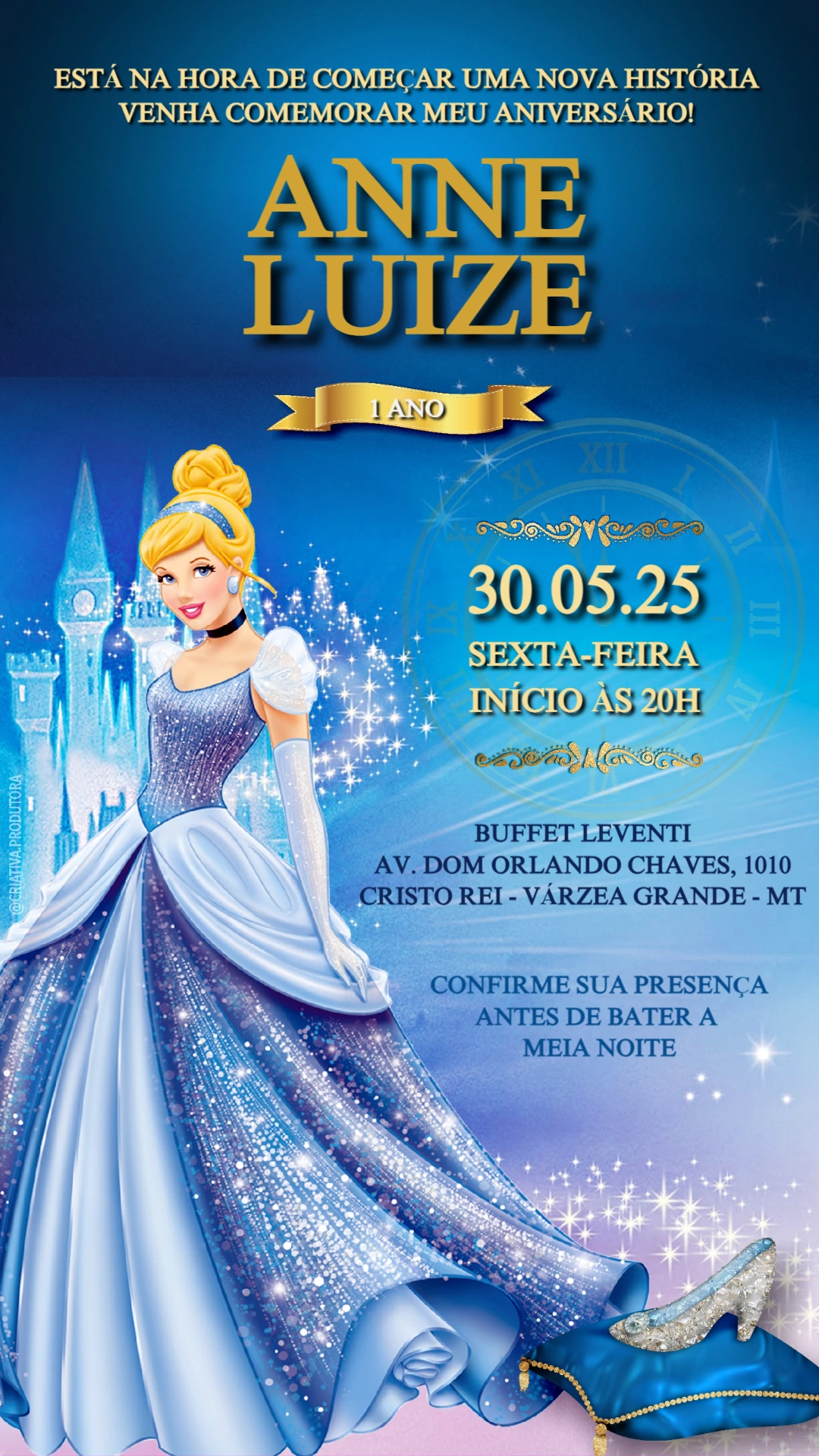 Convite Aniversário Cinderela Princesa para Editar Online
