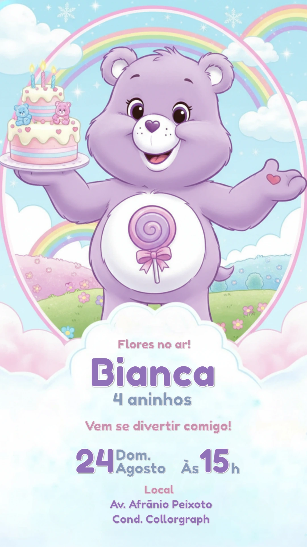 Convite de Aniversário Ursinhos Carinhosos Lilás Editável