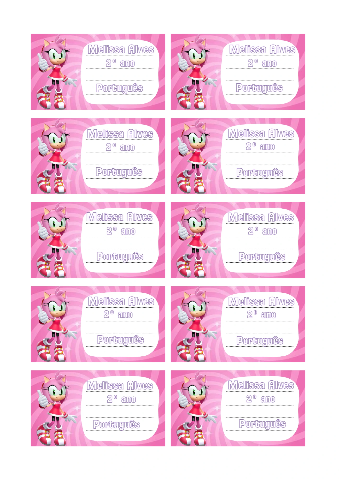 Etiqueta Escolar Editável Amy Rose Tema Sonic Rosa