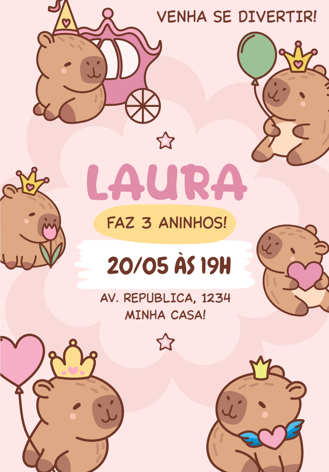 Convite Aniversário Capivara Princesa para Editar Online
