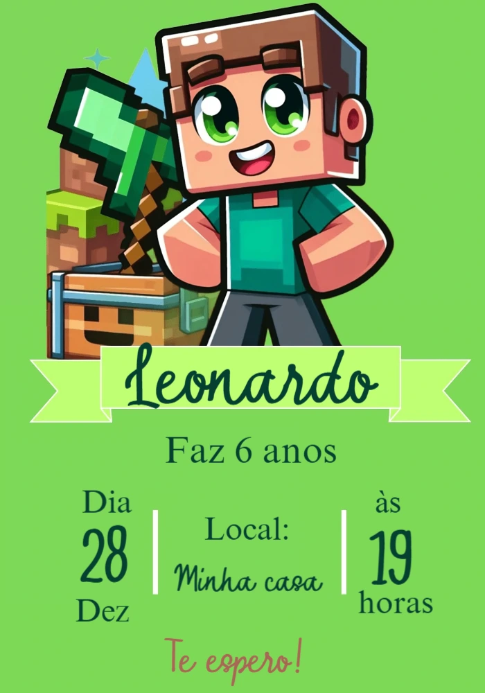 Convite de Aniversário Minecraft com Personagem para Editar