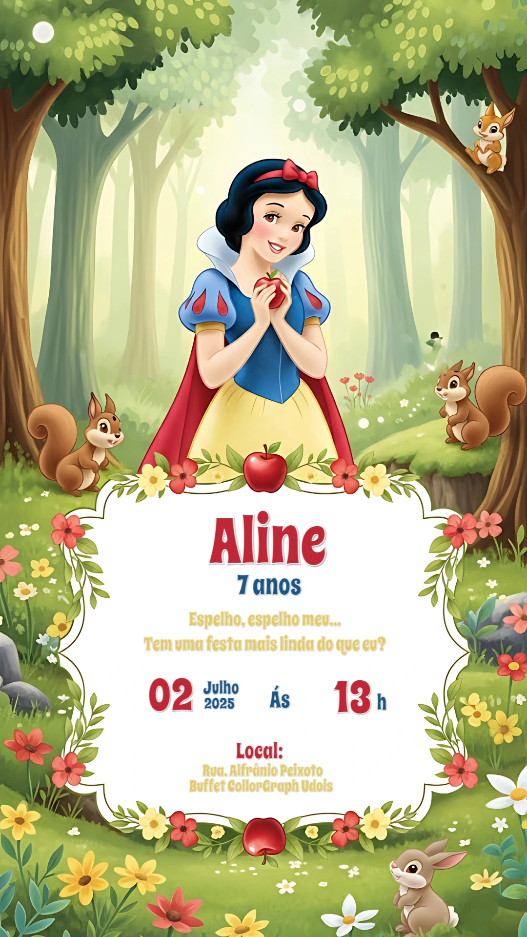 Convite de Aniversário Branca de Neve para Editar Online