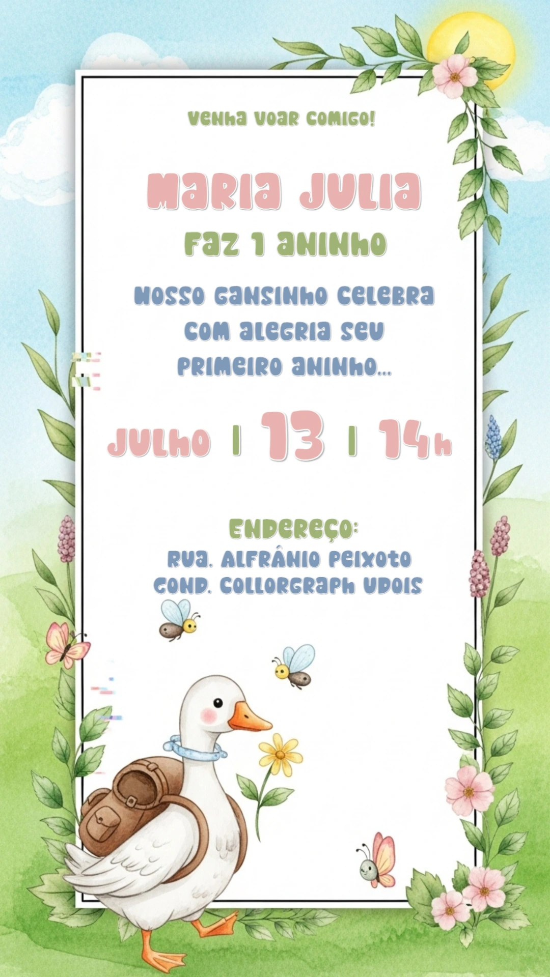 Convite Aniversário Ganso Aquarela para Editar Online