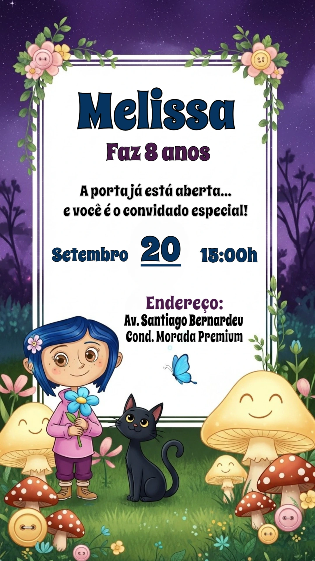 Convite de Aniversário Coraline Misterioso para Editar Online