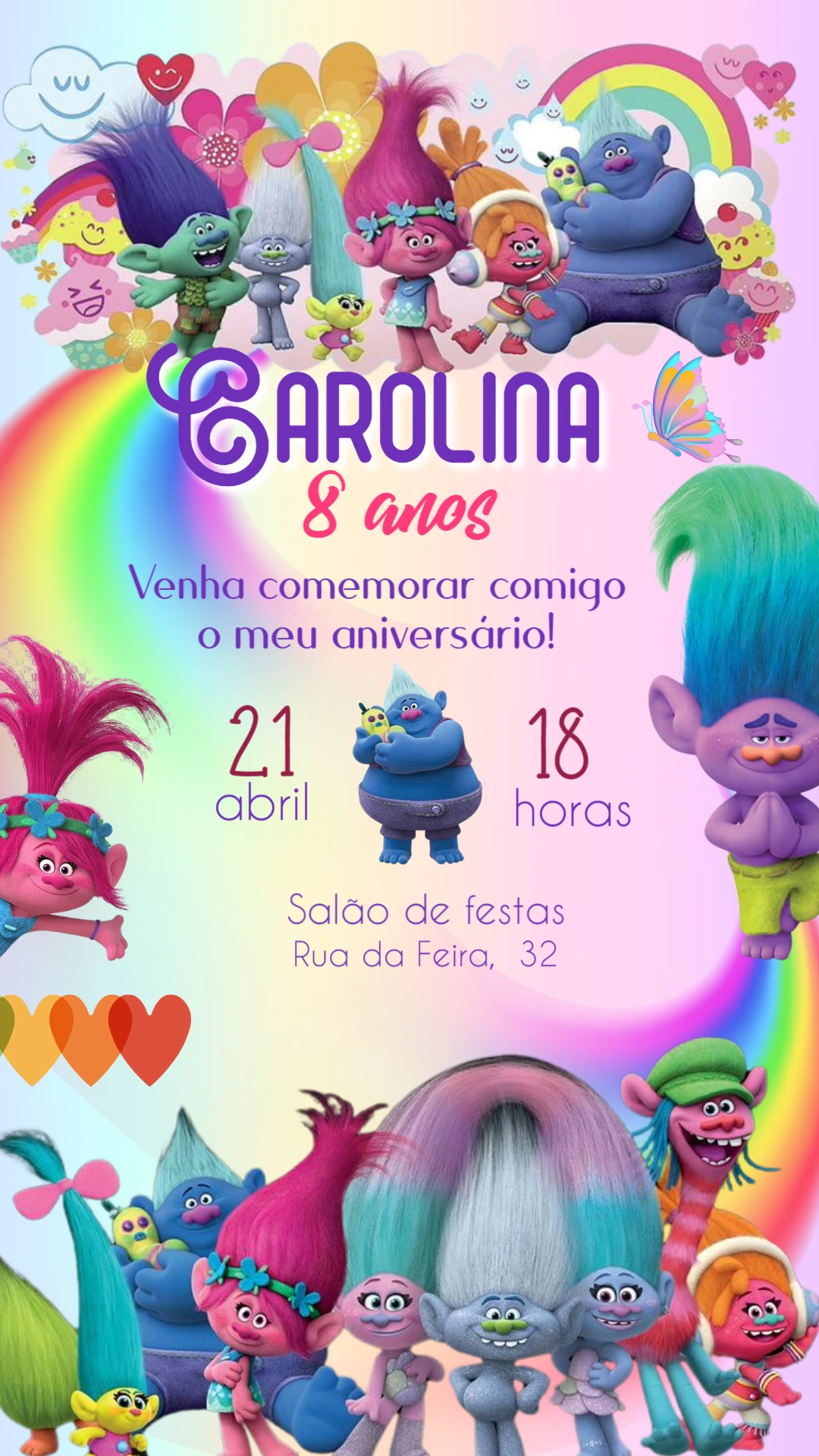 Convite de Aniversário Trolls com Personagens para Editar Online