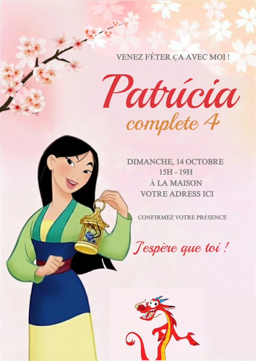 Invitation Anniversaire Mulan Modèle Numérique à Modifier