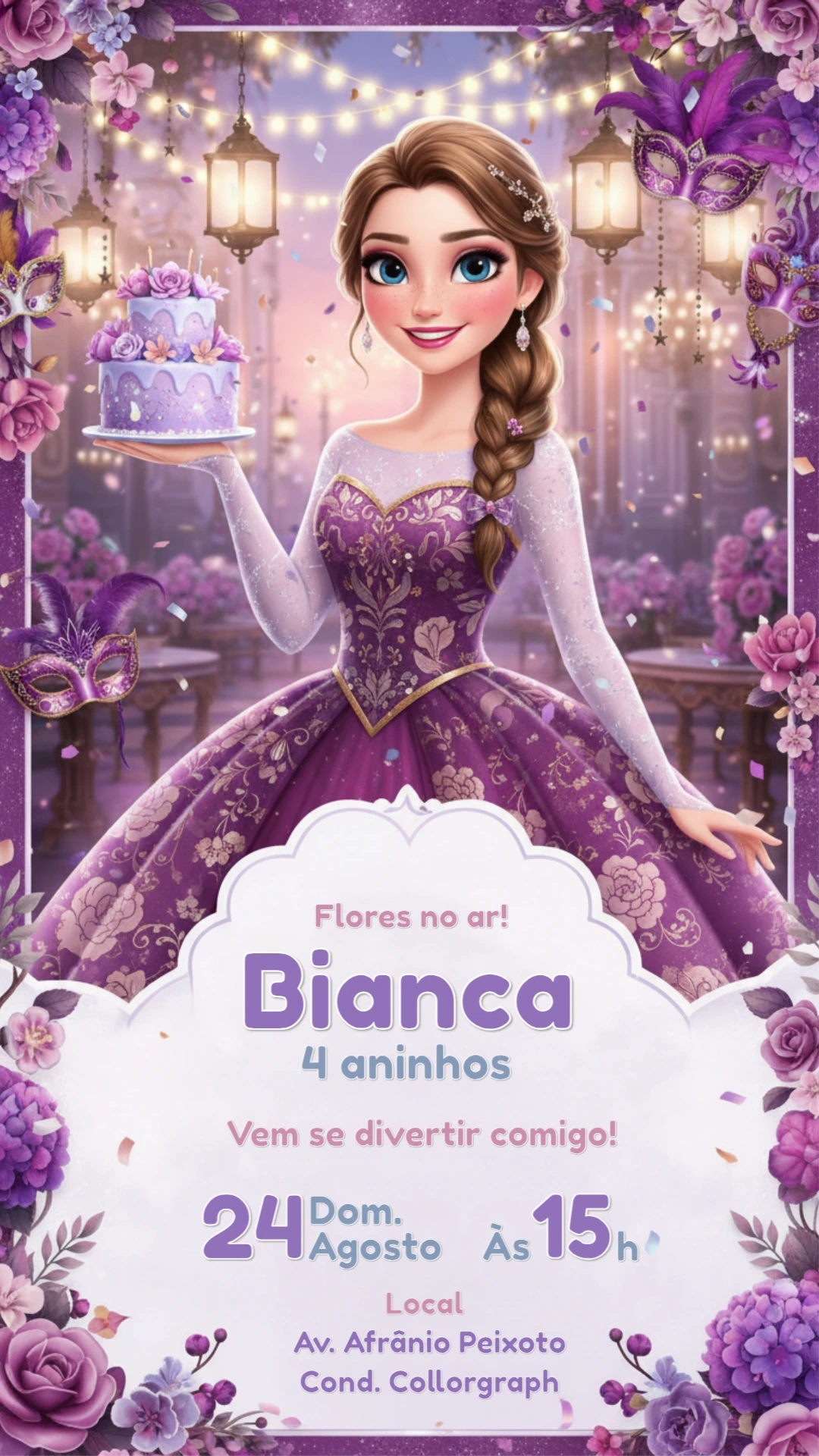 Convite Digital Aniversário Princesa Baile de Máscaras Editável