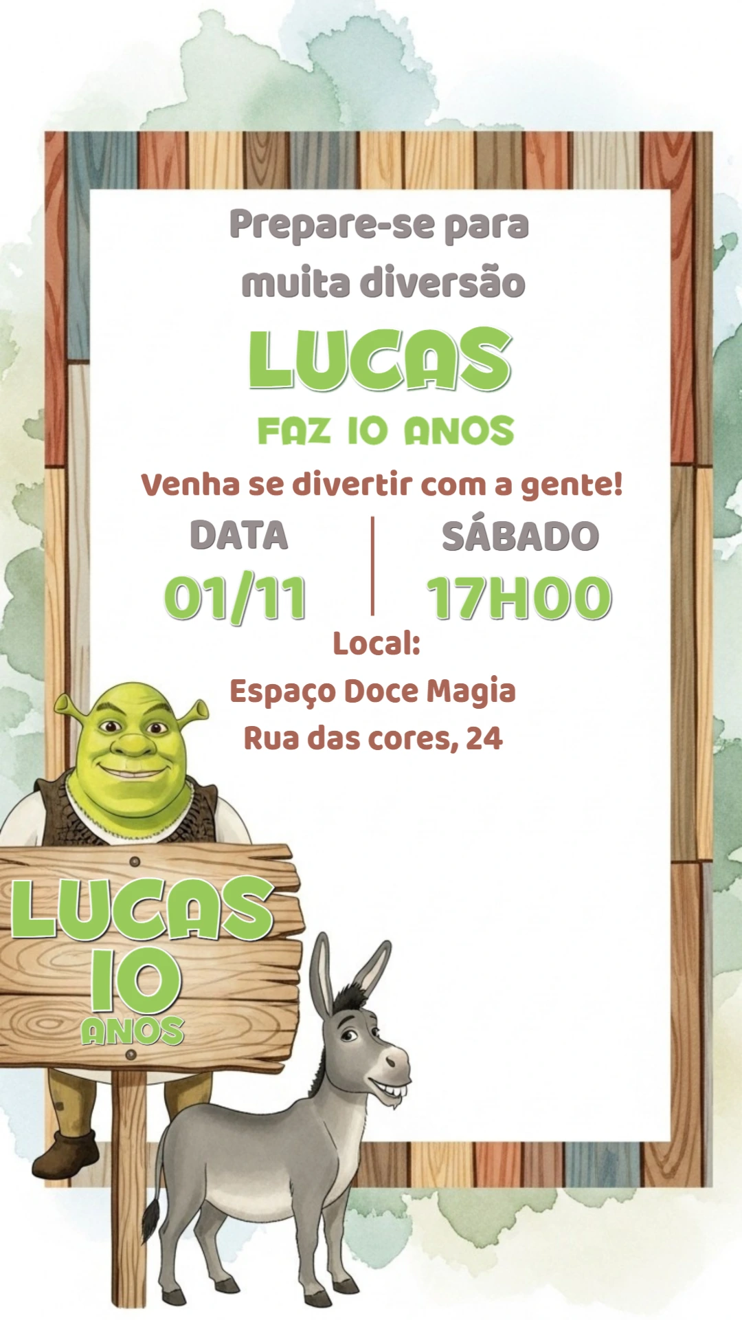 Convite Aniversário Shrek com Personagens para Editar Online