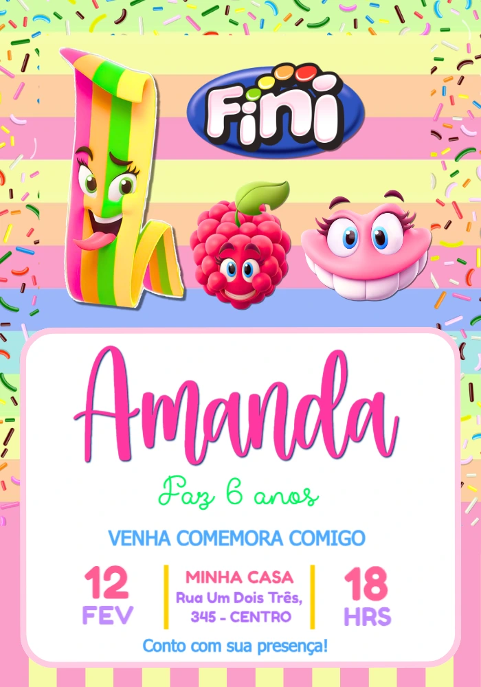 Convite de Aniversário Infantil Fini Colorido para Editar