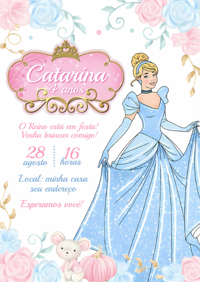 Convite Aniversário Cinderela Princesa para Editar Online