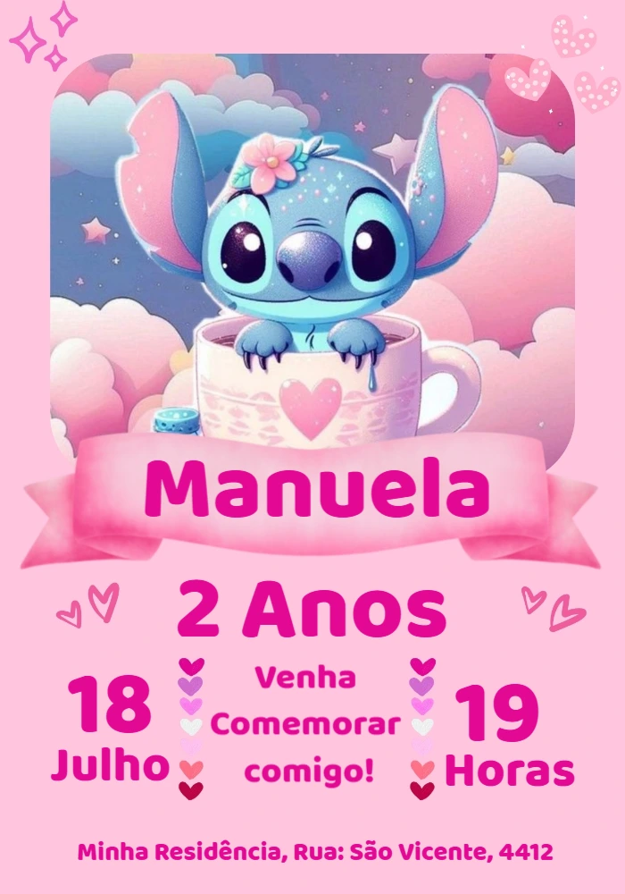 Convite de Aniversário Stitch Rosa para Editar Online