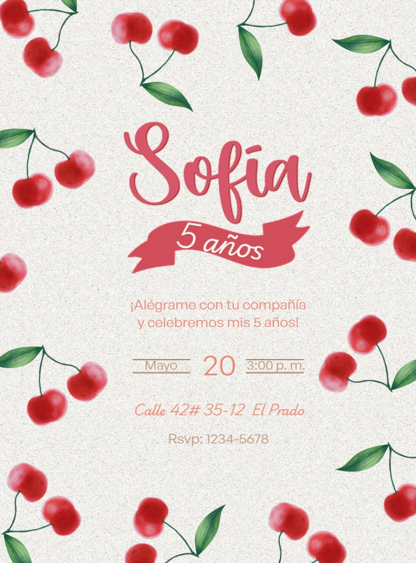 Invitación de Cumpleaños Infantil Tema Cerezas para Editar