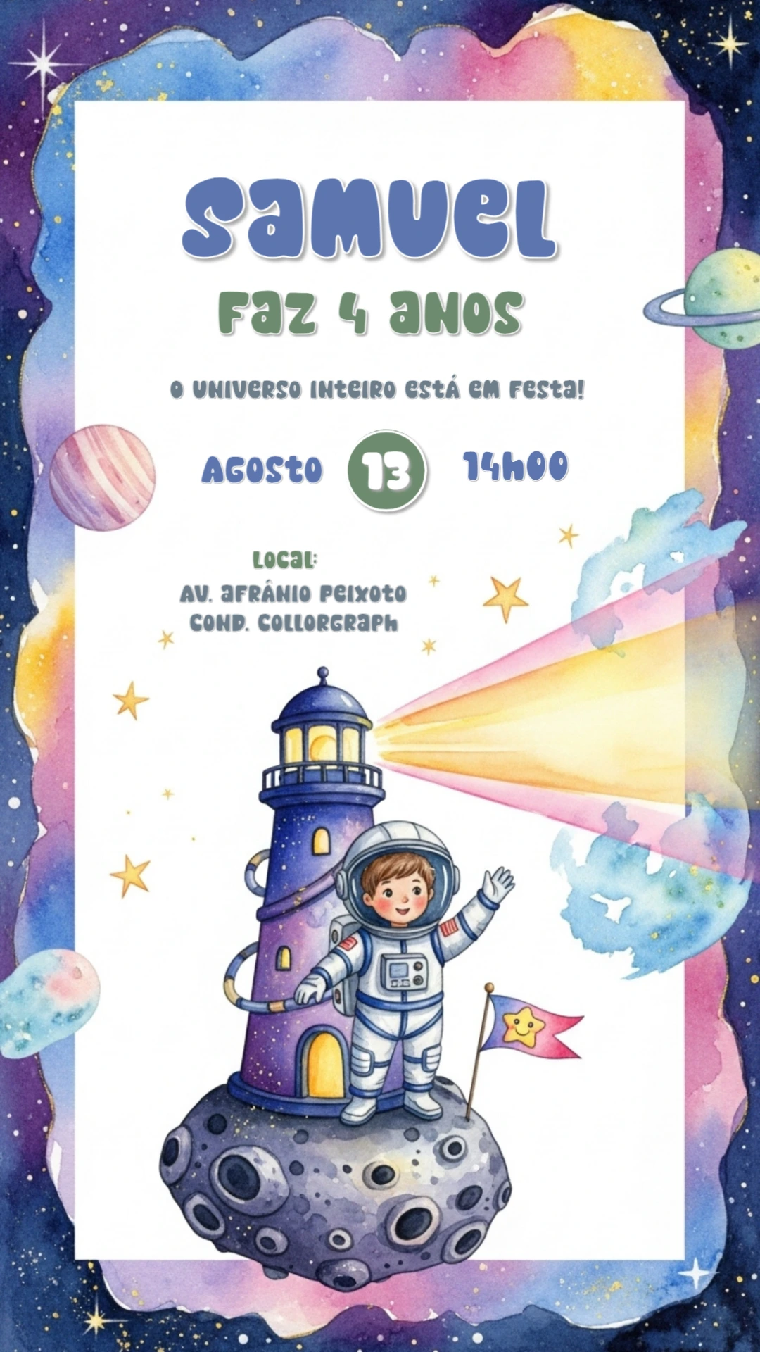 Convite de Aniversário Astronauta no Espaço para Editar