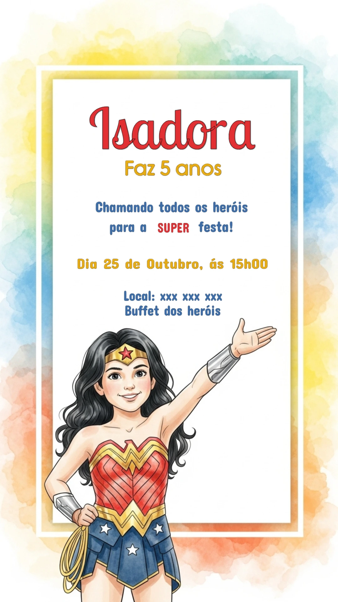 Convite Aniversário Mulher Maravilha para Editar Online