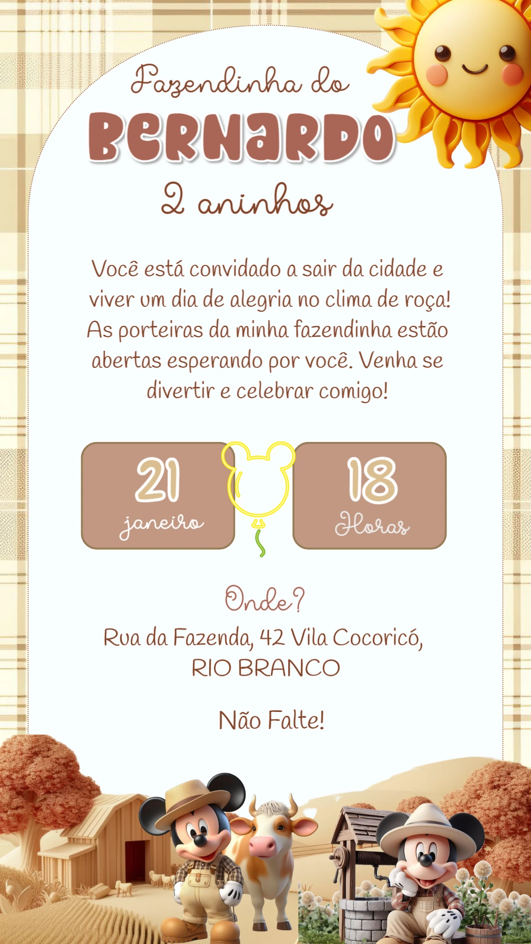 Convite Aniversário Fazendinha do Mickey para Editar Online